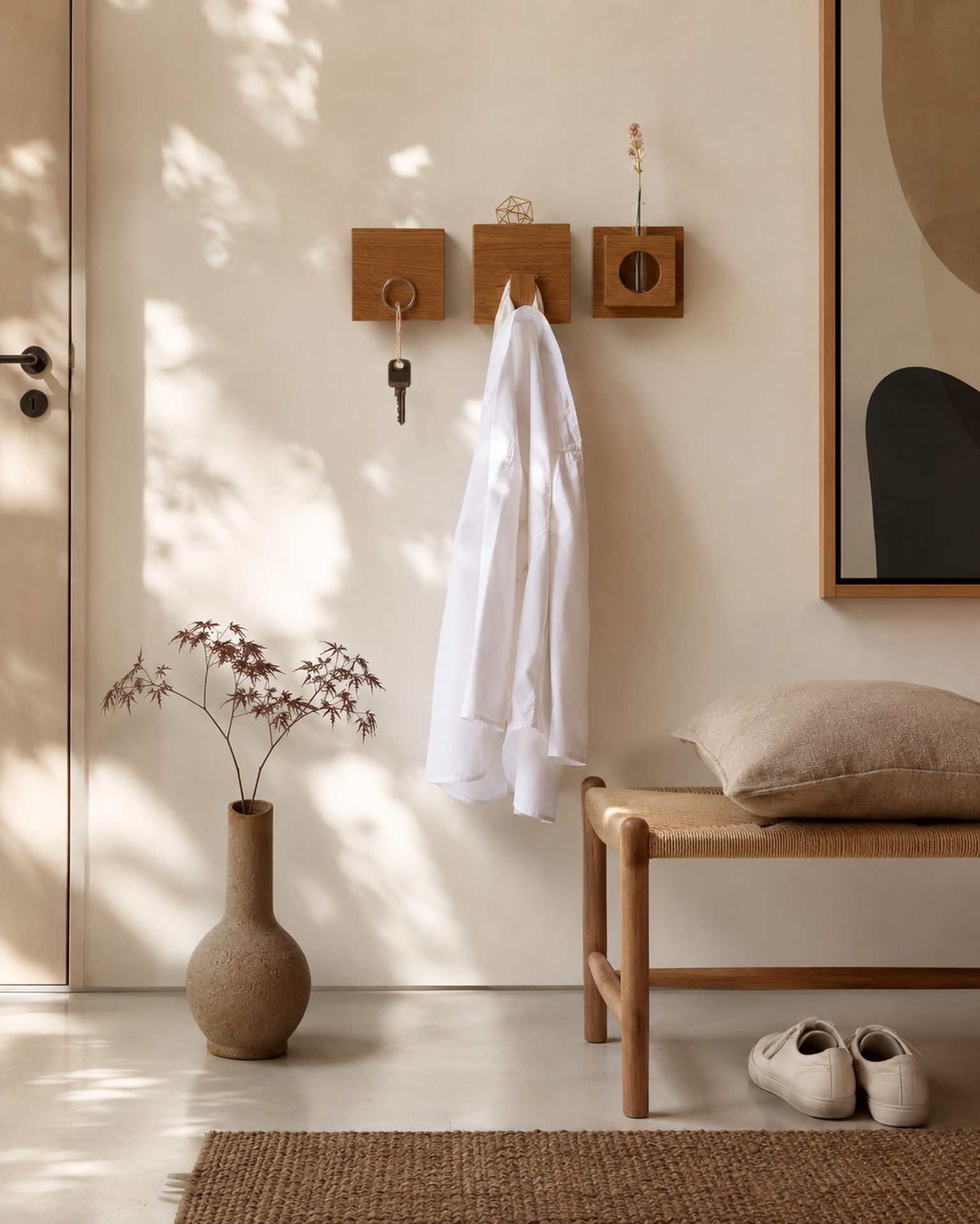Minimal wooden wall storage for everyday essentials in a Japandi entryway.
