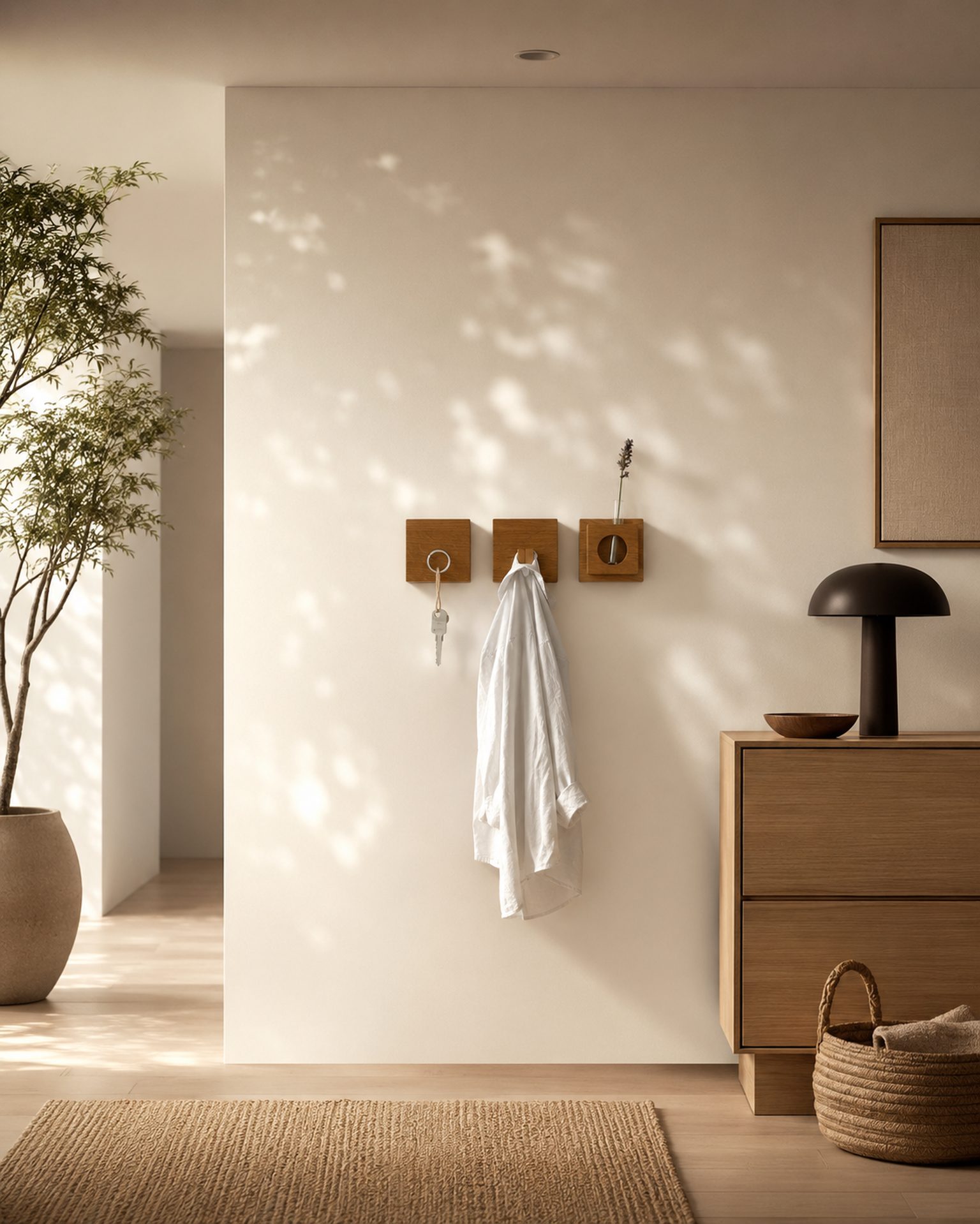 Modular oak entryway storage system arranged along a calm plaster wall.