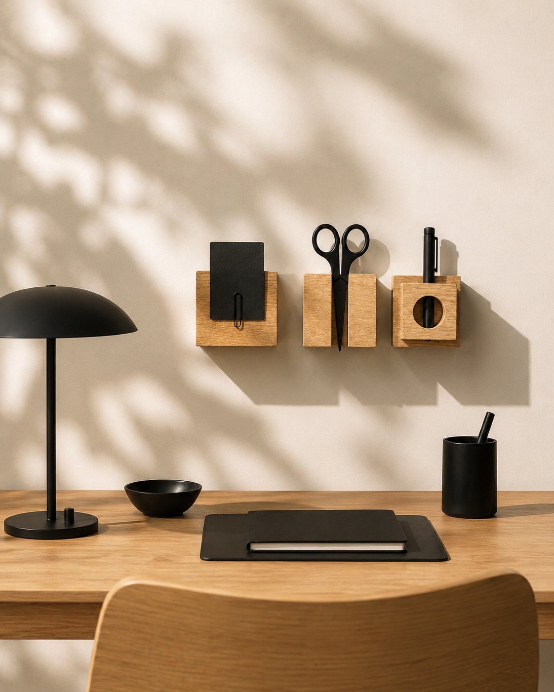 Minimalist home office with modular oak wall organizer holding a notebook, scissors and pen above an oak desk with a black lamp — japandi workspace organization.