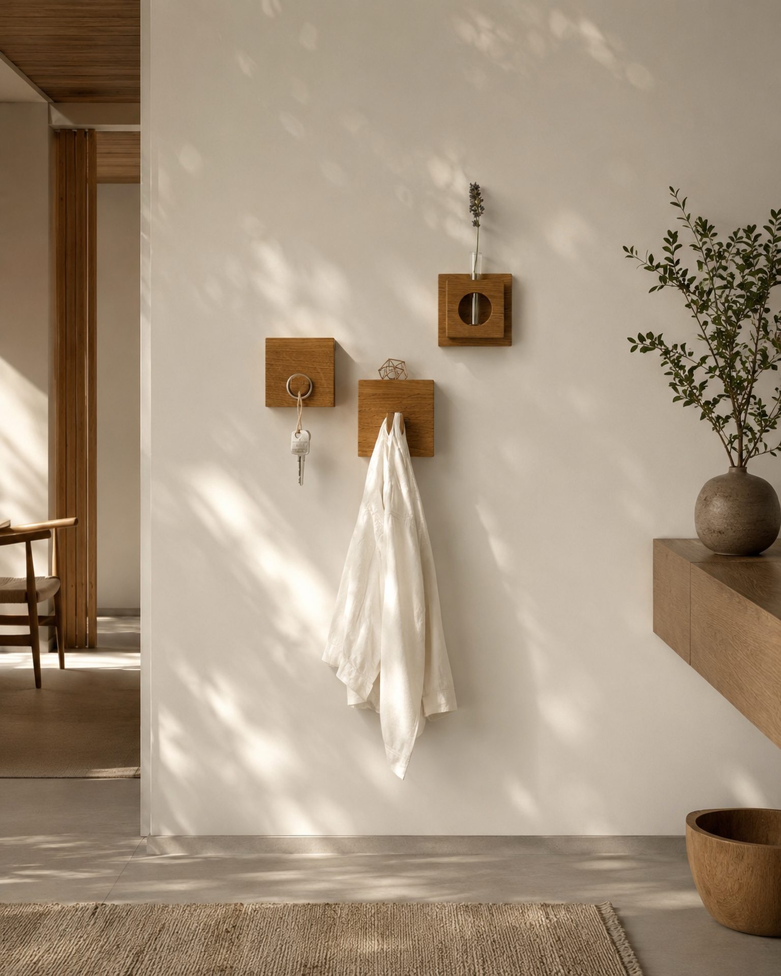 Minimal Japandi entryway with modular oak wall storage for keys and everyday essentials.