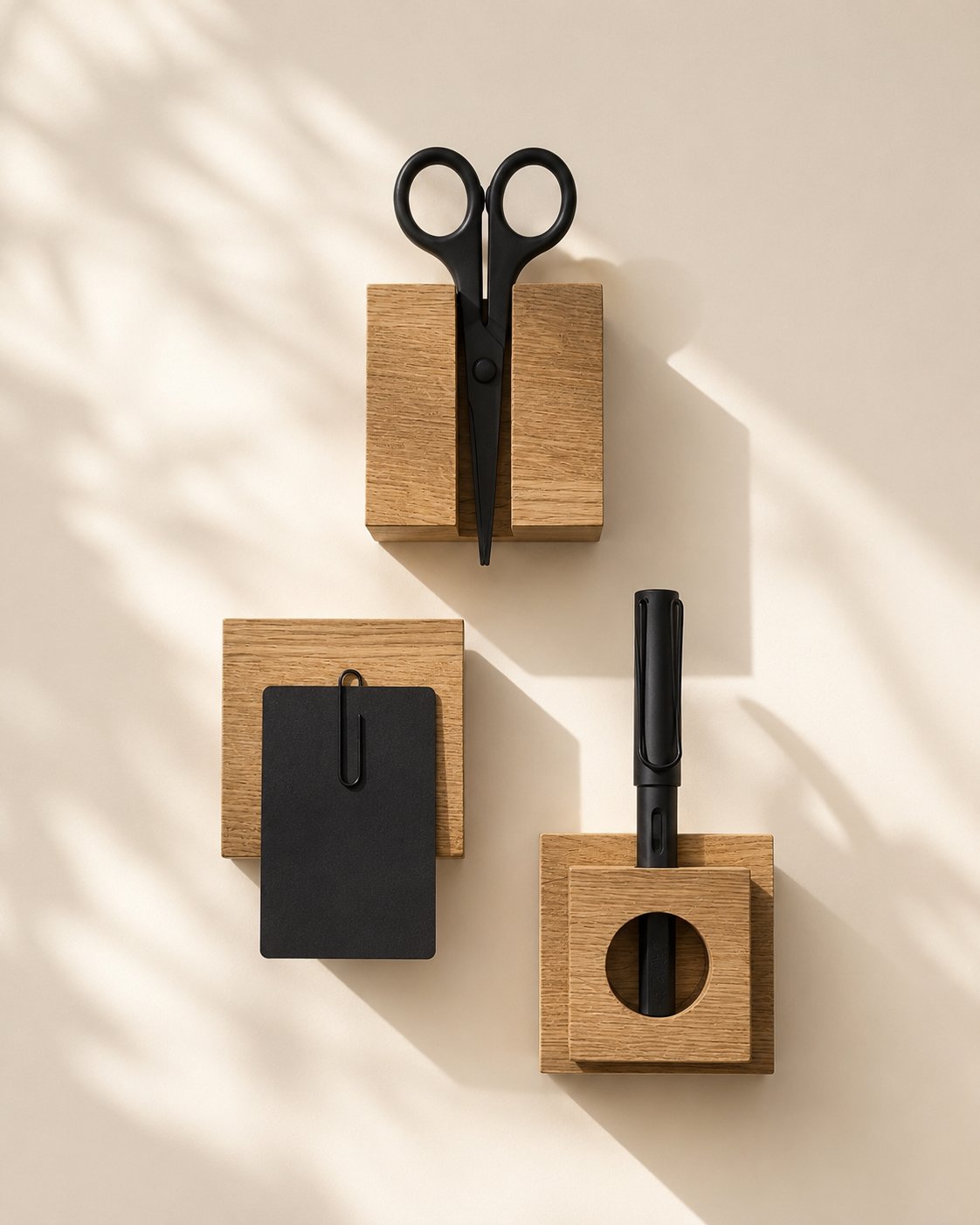 Flat-lay of a modular oak desk organization system with wall-mounted oak cubes holding scissors, a notebook with paperclip and a black pen — minimalist workspace organization.