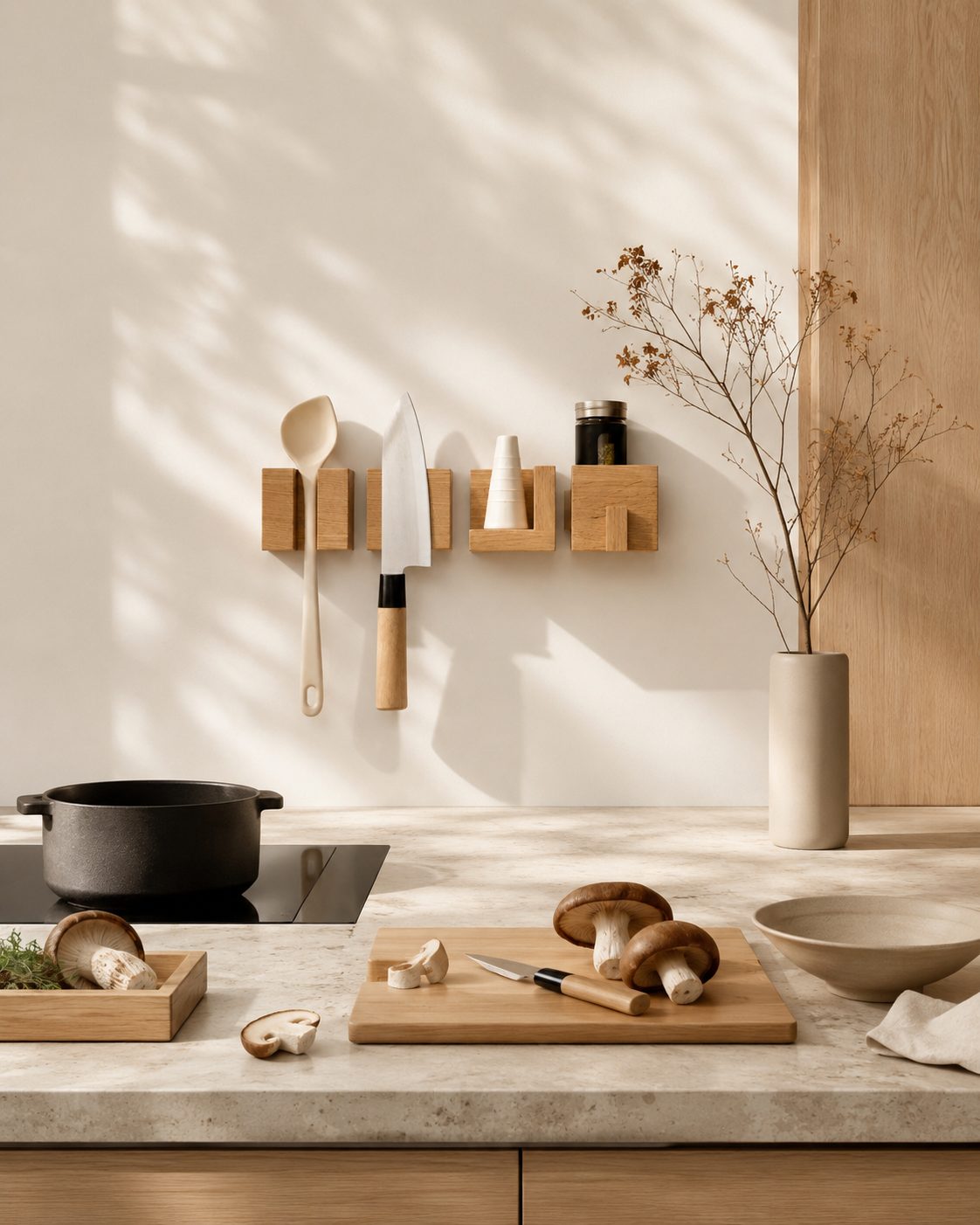 Japandi kitchen with modular oak wall storage holding a wooden spoon, chef knife and spice jar above a stone countertop in soft daylight.