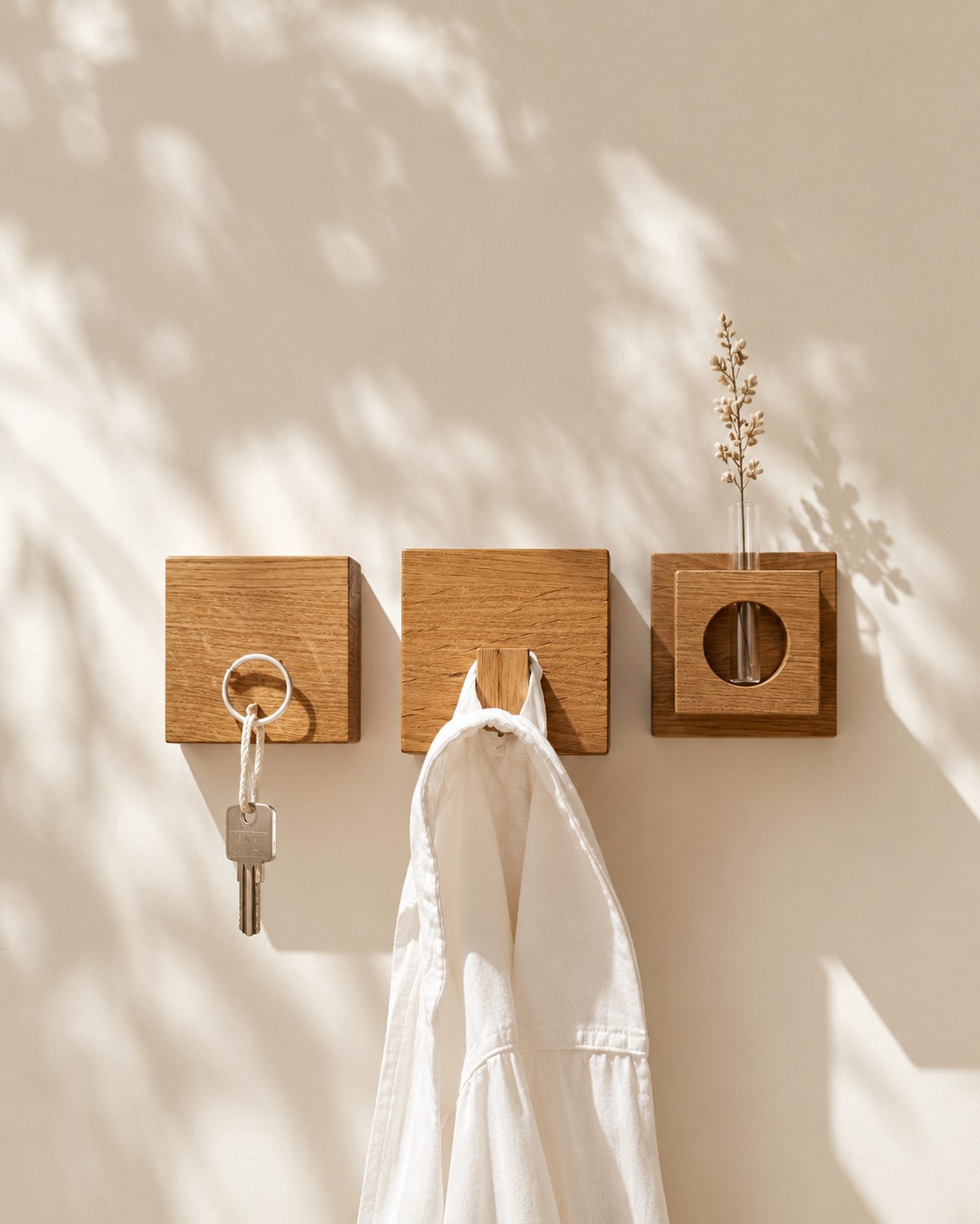 Oak magnetic wall organizer and key holder in a modern Japandi hallway.