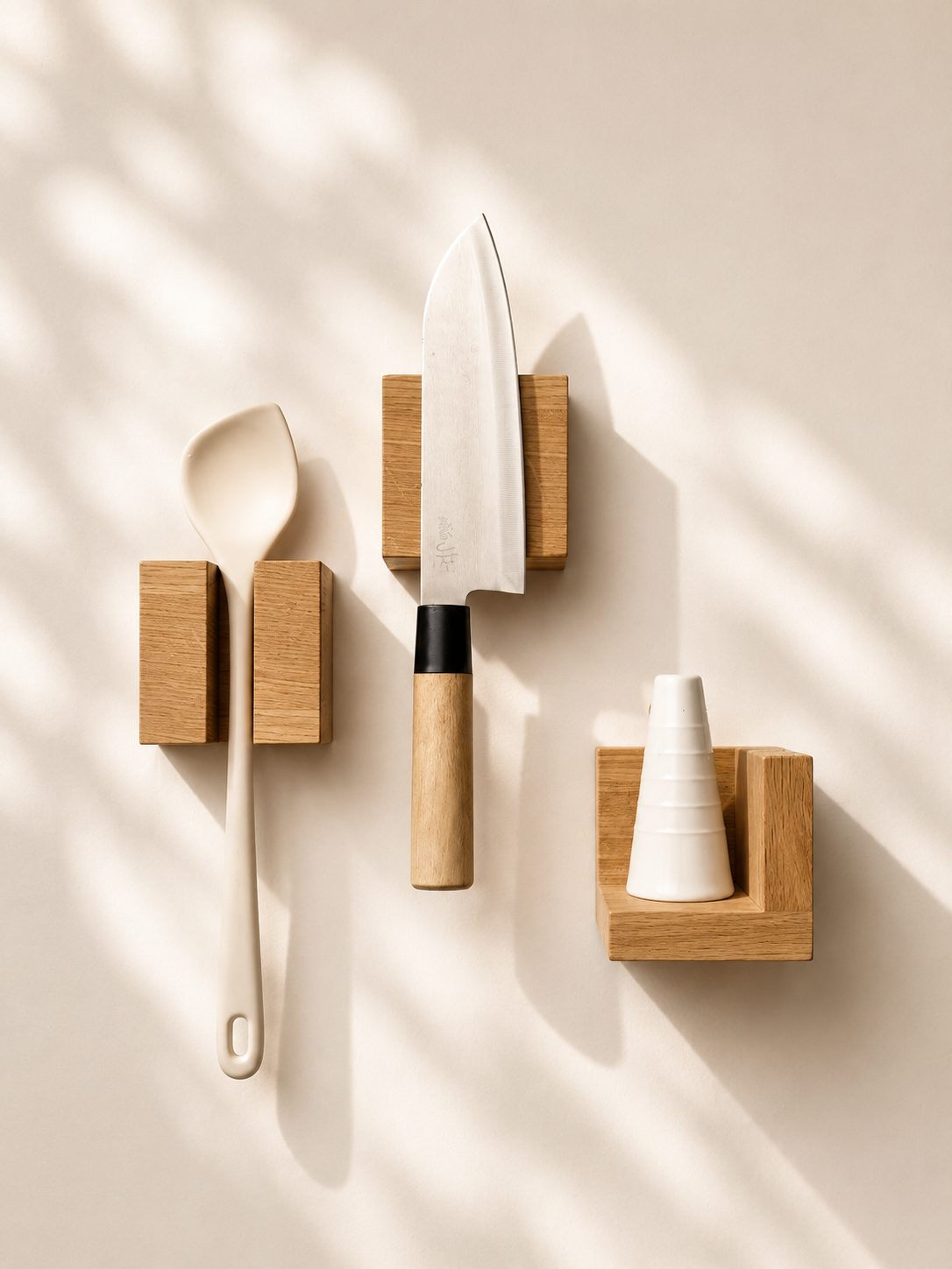 Flat-lay close-up of a modular oak kitchen organization system with a chef knife, wooden spoon and ceramic shaker on a warm plaster wall.