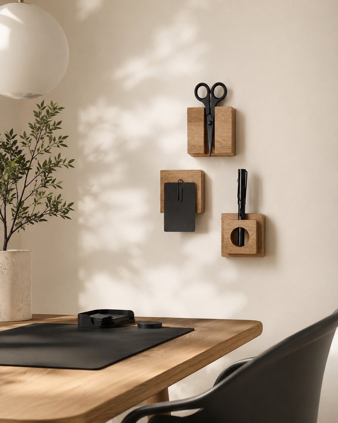 Japandi home office with oak desk, plant and modular oak wall storage holding scissors, notebook and pen — minimal home office organization with oak desk accessories.