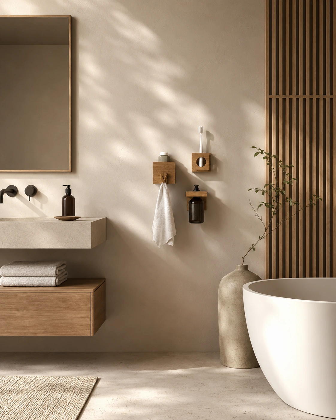 Oak bathroom wall organizer for toothbrushes, soap and accessories