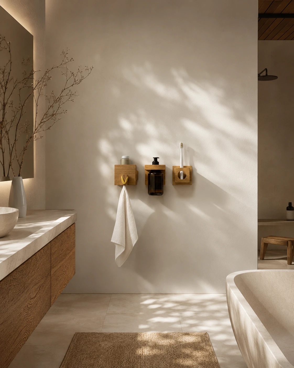 Minimal bathroom organization with handcrafted oak accessories