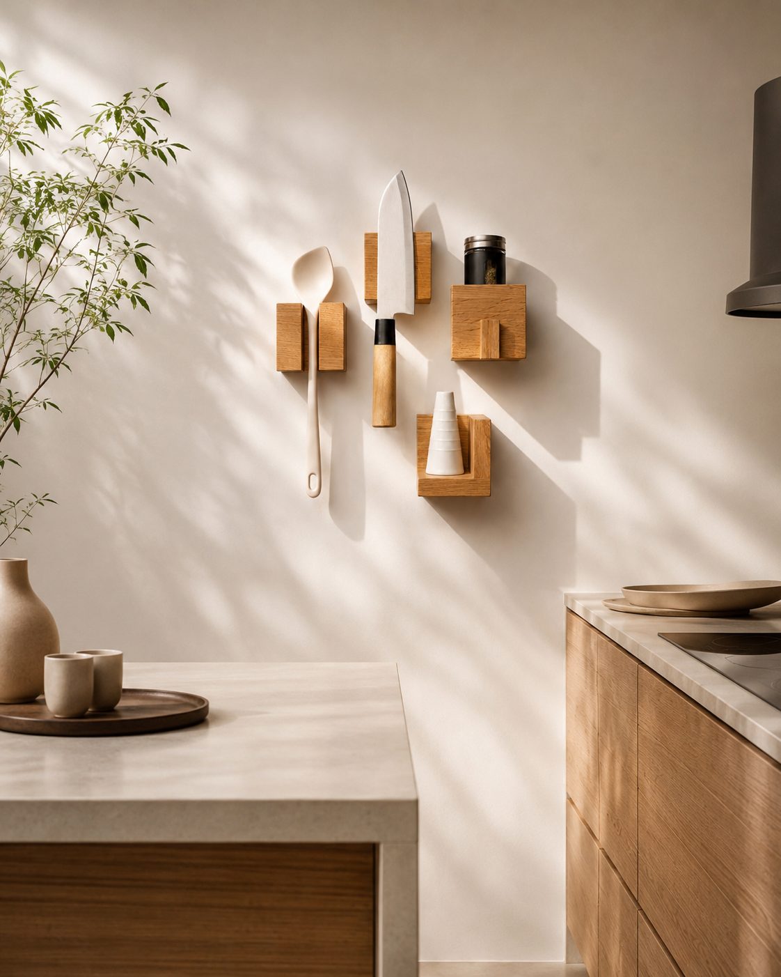 Japandi kitchen wall organizer in solid oak with knife, spoon, spice and utensil modules arranged on a calm plaster wall above an oak counter.